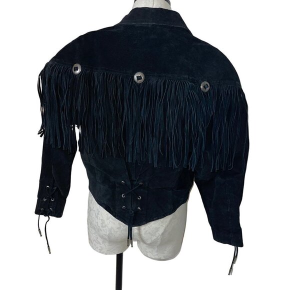 Winlit Vintage Jacket Size Medium Black Suede Fringe Asymmetric Snap Closure - Picture 3 of 14